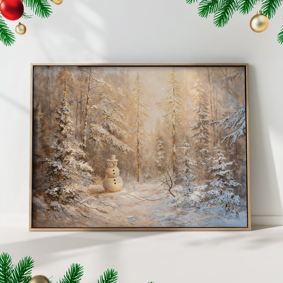 Winter Wonderland Snowman Art Print, Rustic Forest Landscape