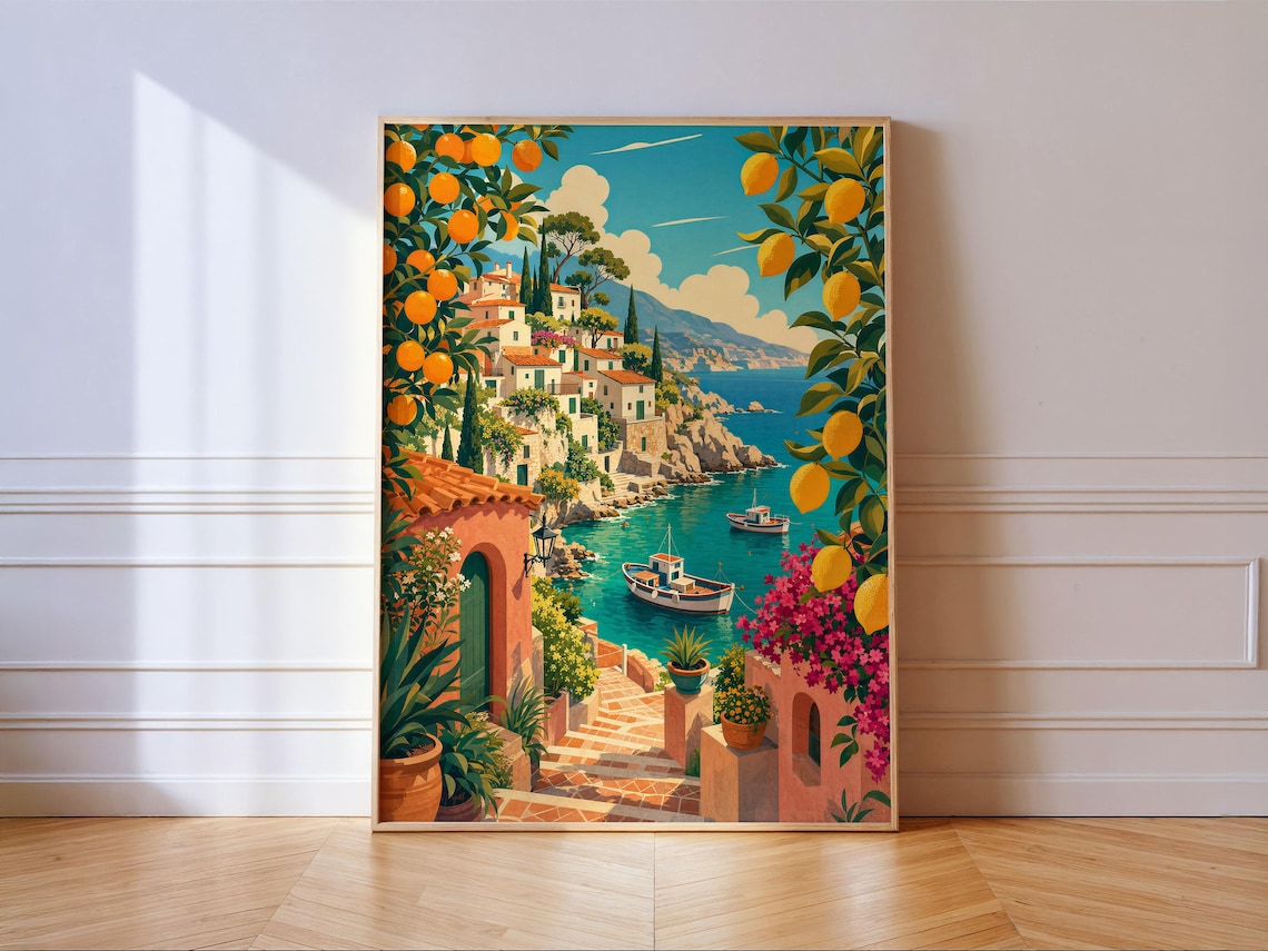 Mediterranean Coast Print, Amalfi Lemon Village Art