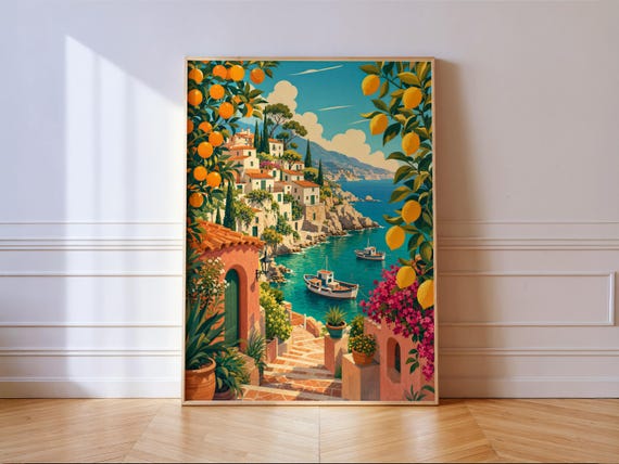 Mediterranean Coast Print, Amalfi Lemon Village Art