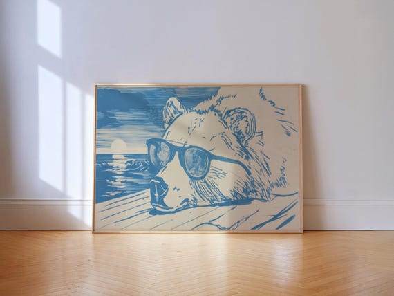 Sunbathing Bear Coastal Blue Poster Beach Wall Art Print