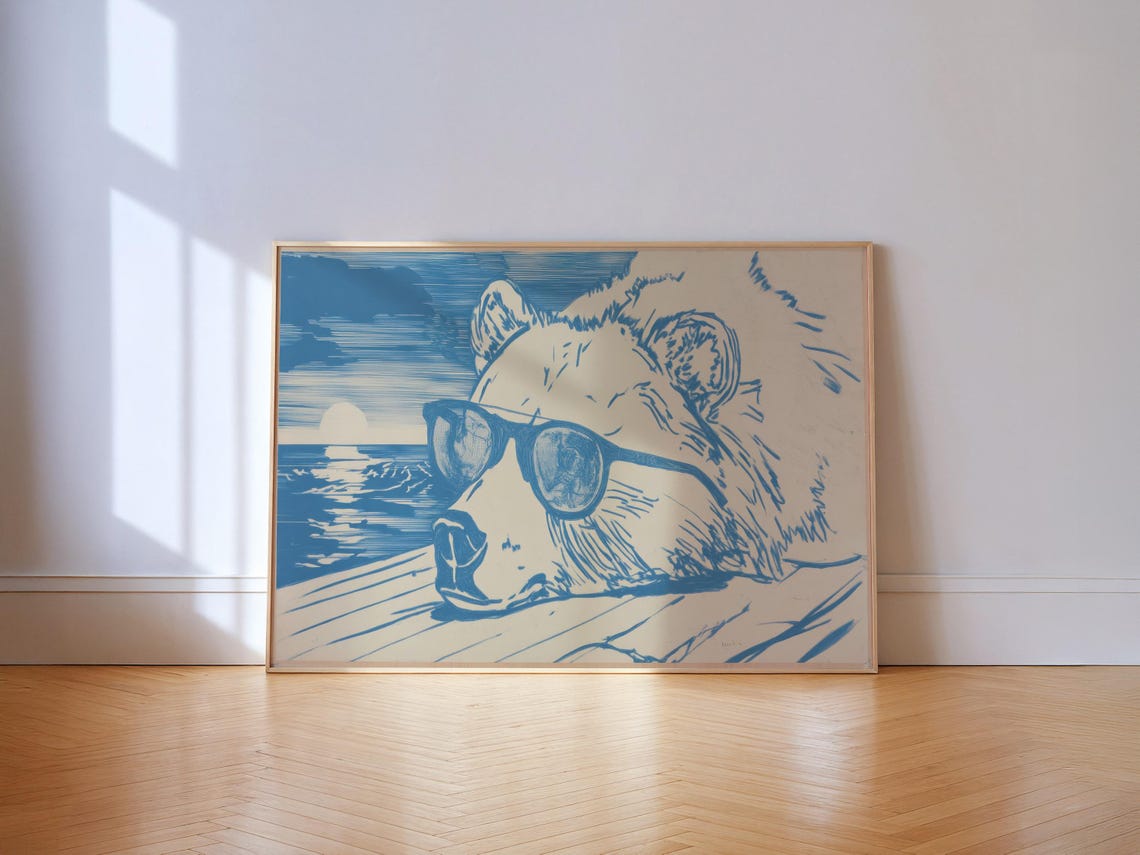 Sunbathing Bear Coastal Blue Poster Beach Wall Art Print