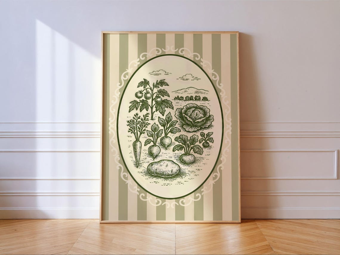 Vintage Vegetable Garden Engraving Striped Kitchen Art Poster