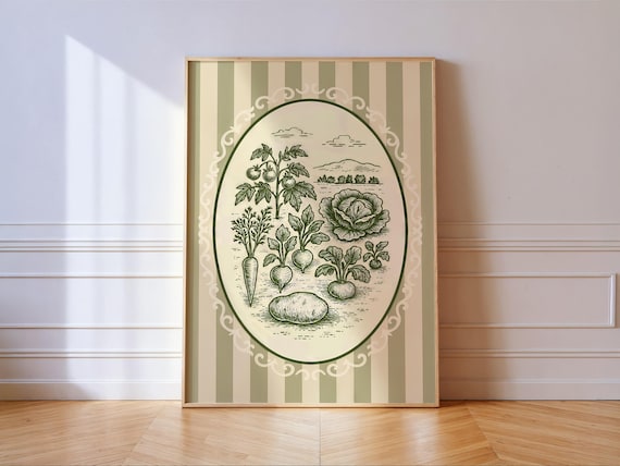 Vintage Vegetable Garden Print Striped Kitchen Poster Green Botanical Wall Art