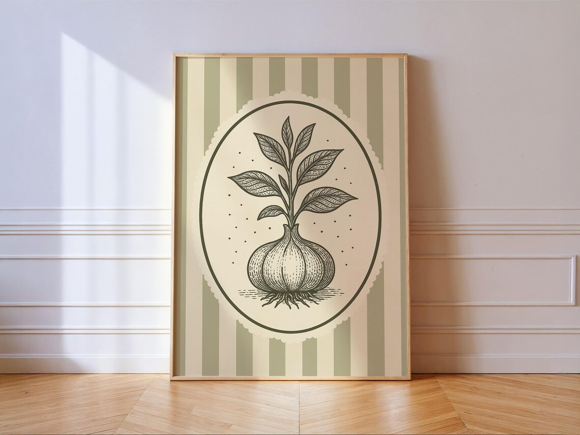 Retro Garlic Botanical, Farmhouse Kitchen Art Print