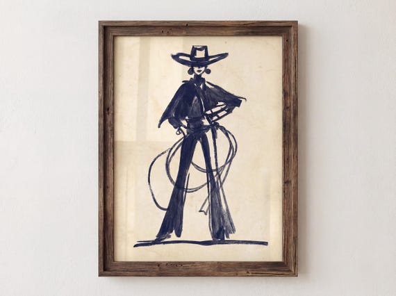 Cowgirl Lasso Print Navy Ink Sketch Western Woman Wall Art