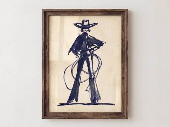 Cowgirl with Lasso Navy Ink Sketch Western Woman Chic Poster