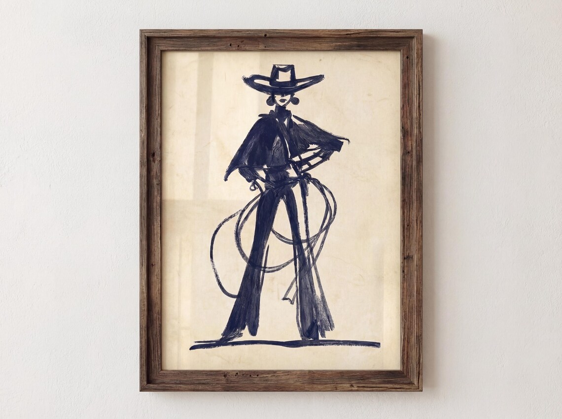 Cowgirl with Lasso Navy Ink Sketch Western Woman Chic Poster