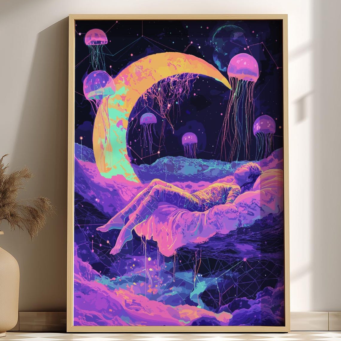 Cosmic Dreams Levitating Woman Under Crescent Moon Night Poster