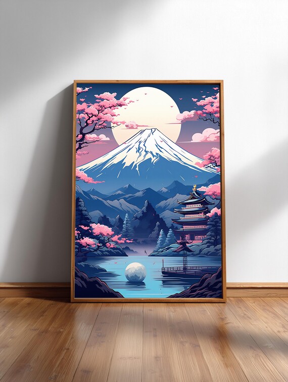 Mount Fuji Cherry Blossoms Moonlit Night Poster Japanese Pagoda Art
