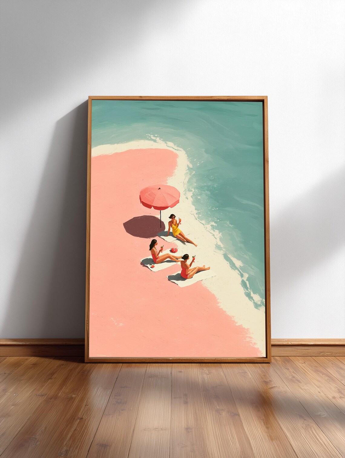 Pink Sand Beach Aerial Poster with Umbrella and Swimmers Retro Style Art