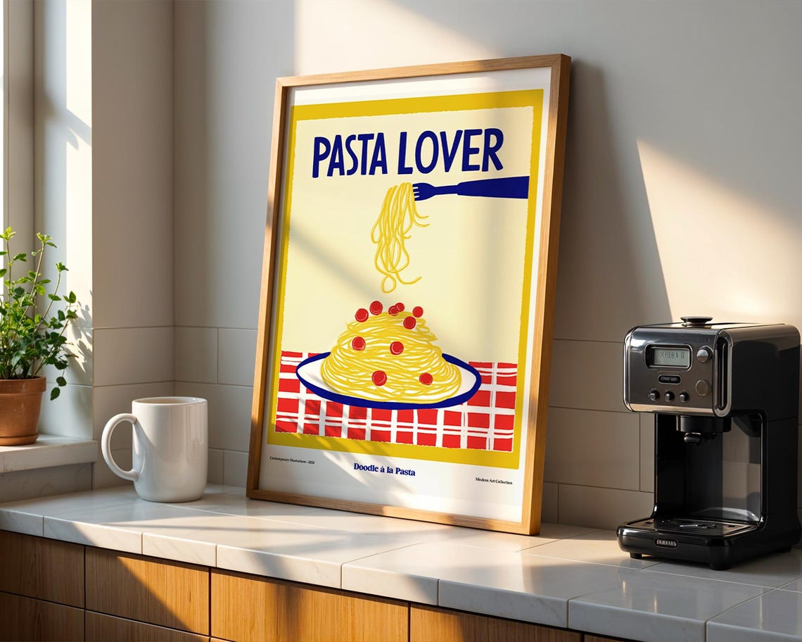 Cheerful Pasta Lover Retro Spaghetti and Tomatoes Kitchen Poster - Image 2