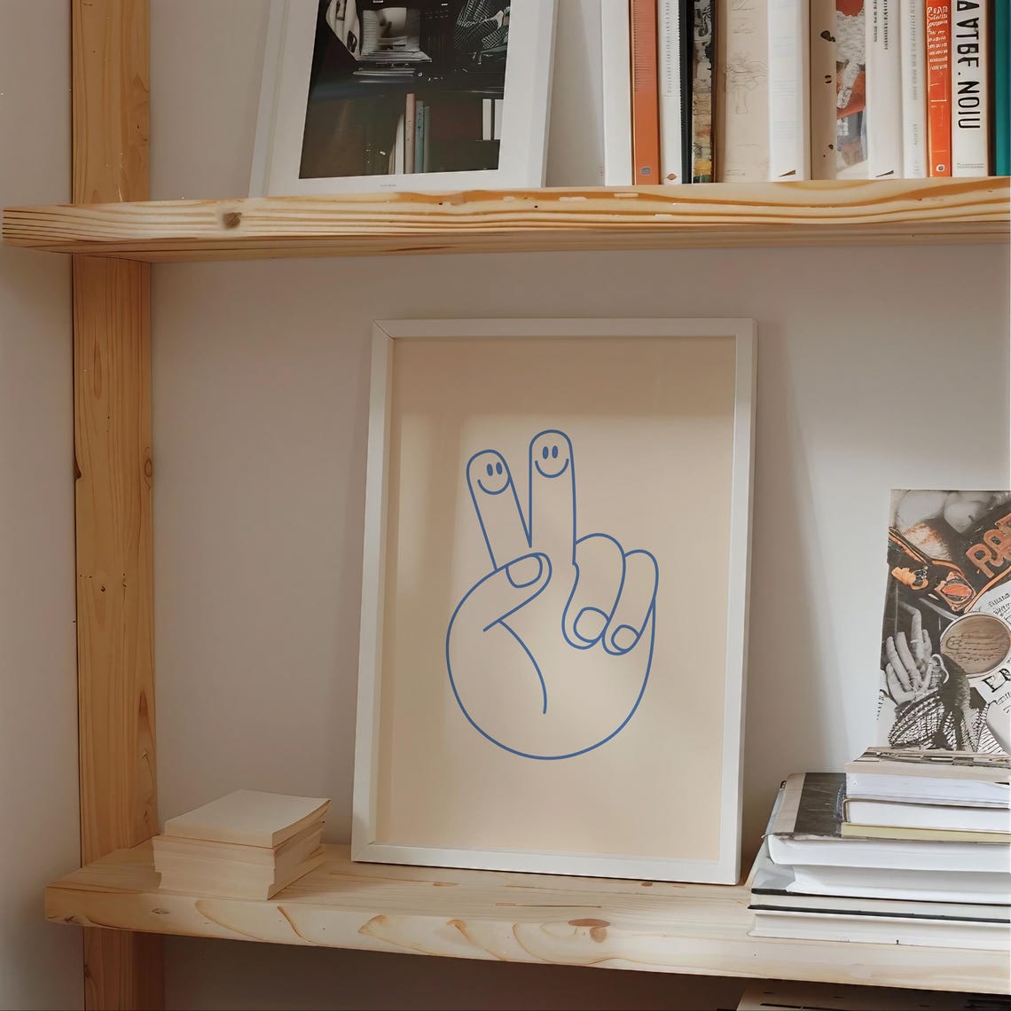 Blue Line Peace Sign Hand with Smiley Faces Minimalist Poster - Image 3