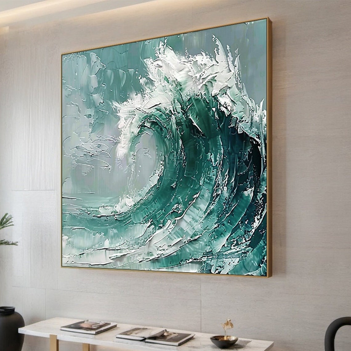 Emerald Green Ocean Wave Curl Impasto Textured Seascape Art Poster