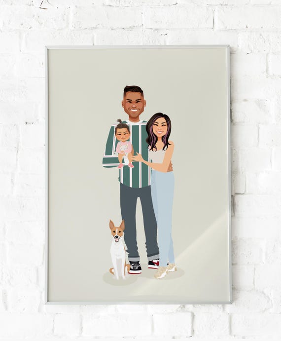 Custom Illustrated Family Portrait With Toddler and Small Dog Poster