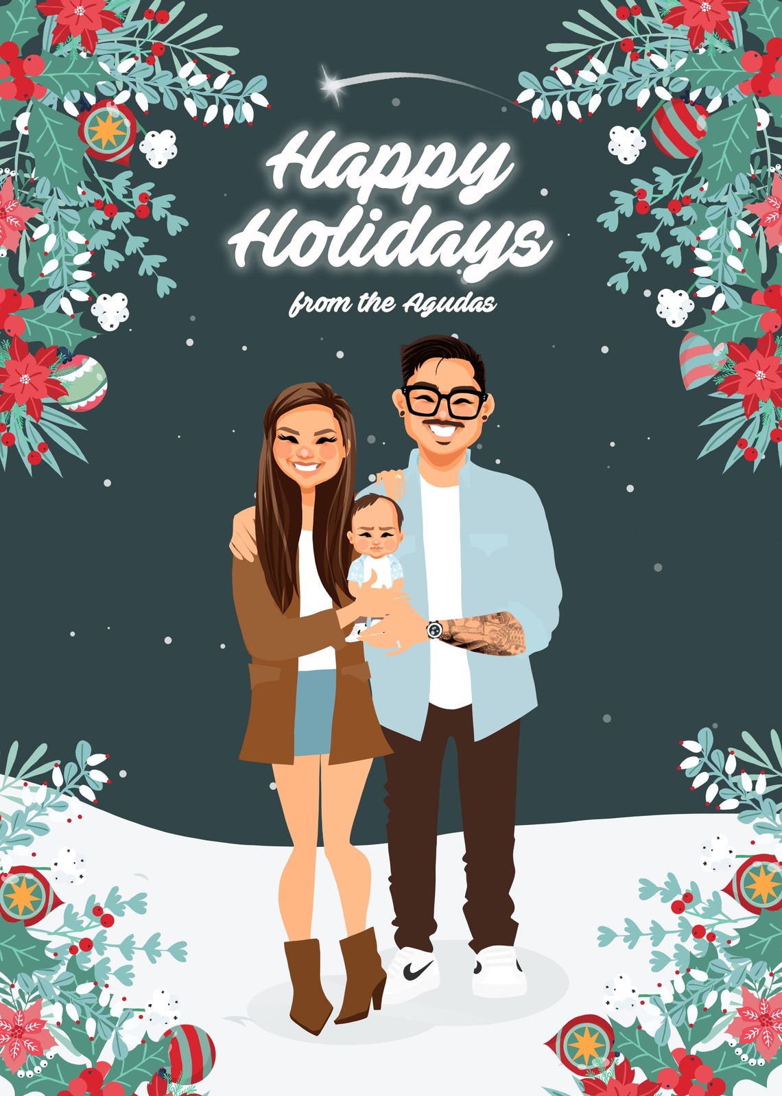 Custom Illustrated Christmas Card With Family Portrait Poster - Image 3