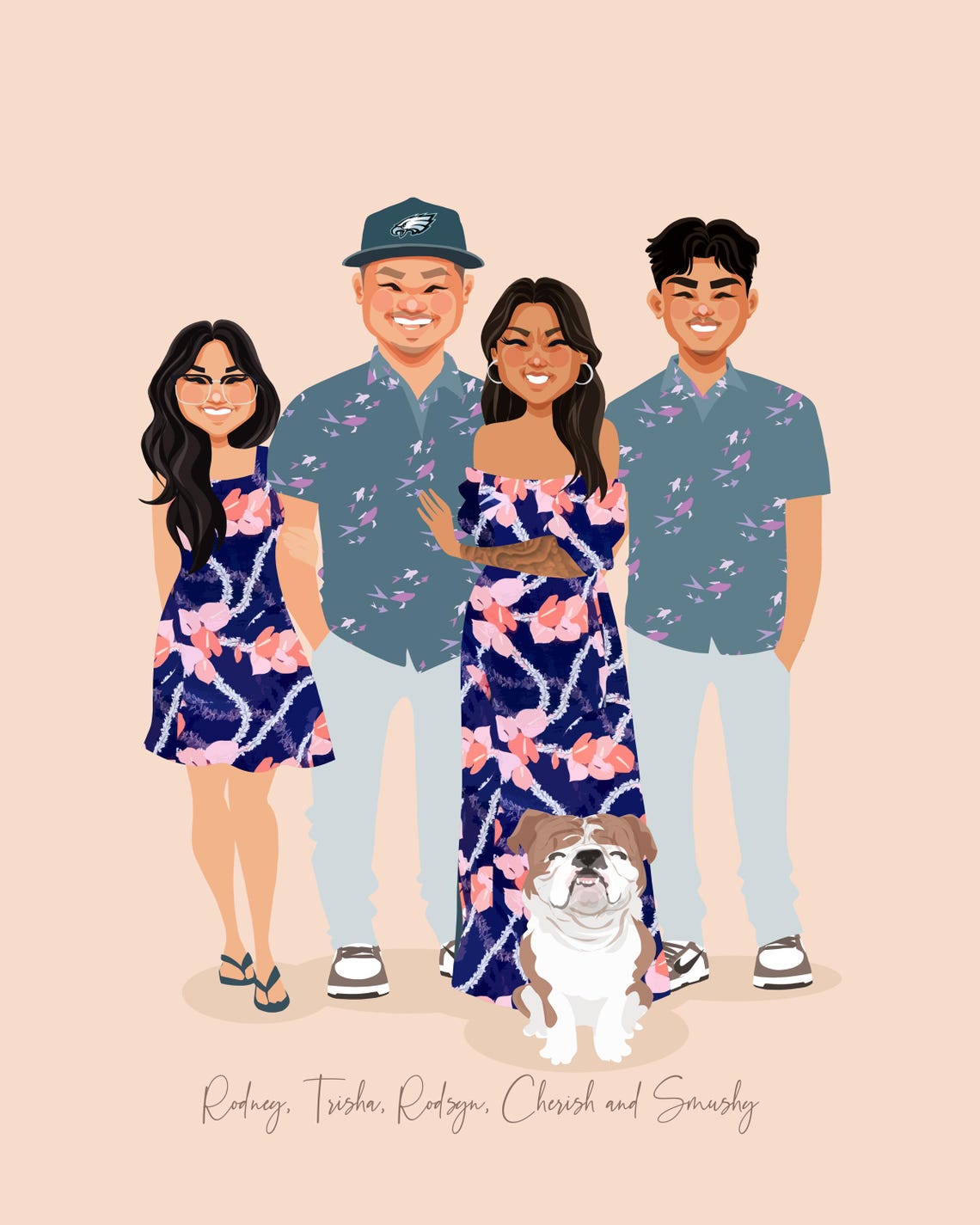 Custom Illustrated Family Portrait With Bulldog and Eagles Cap Poster - Image 6