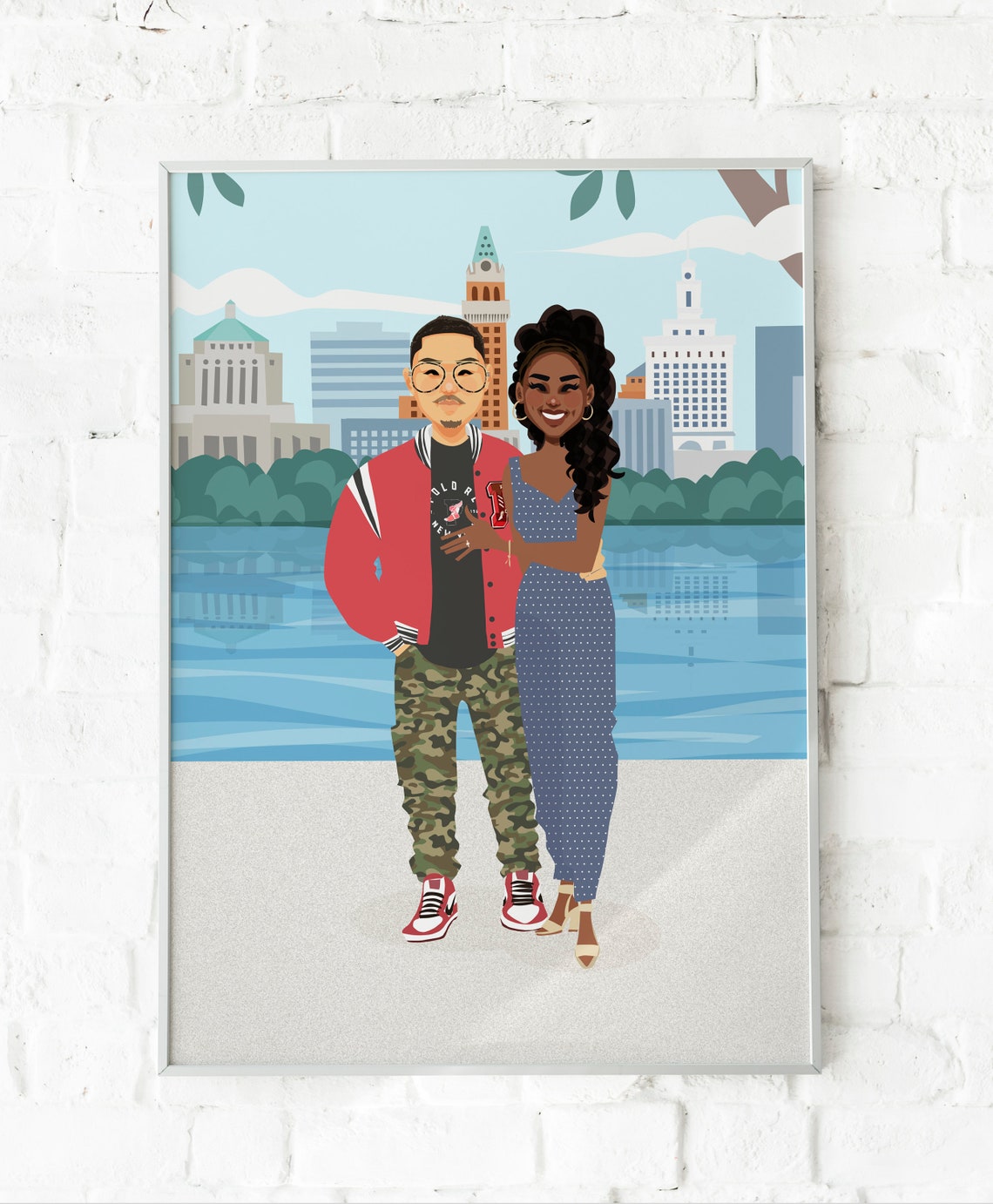 Custom Illustrated Couple Camping Portrait With Mountain Scene Poster - Image 2