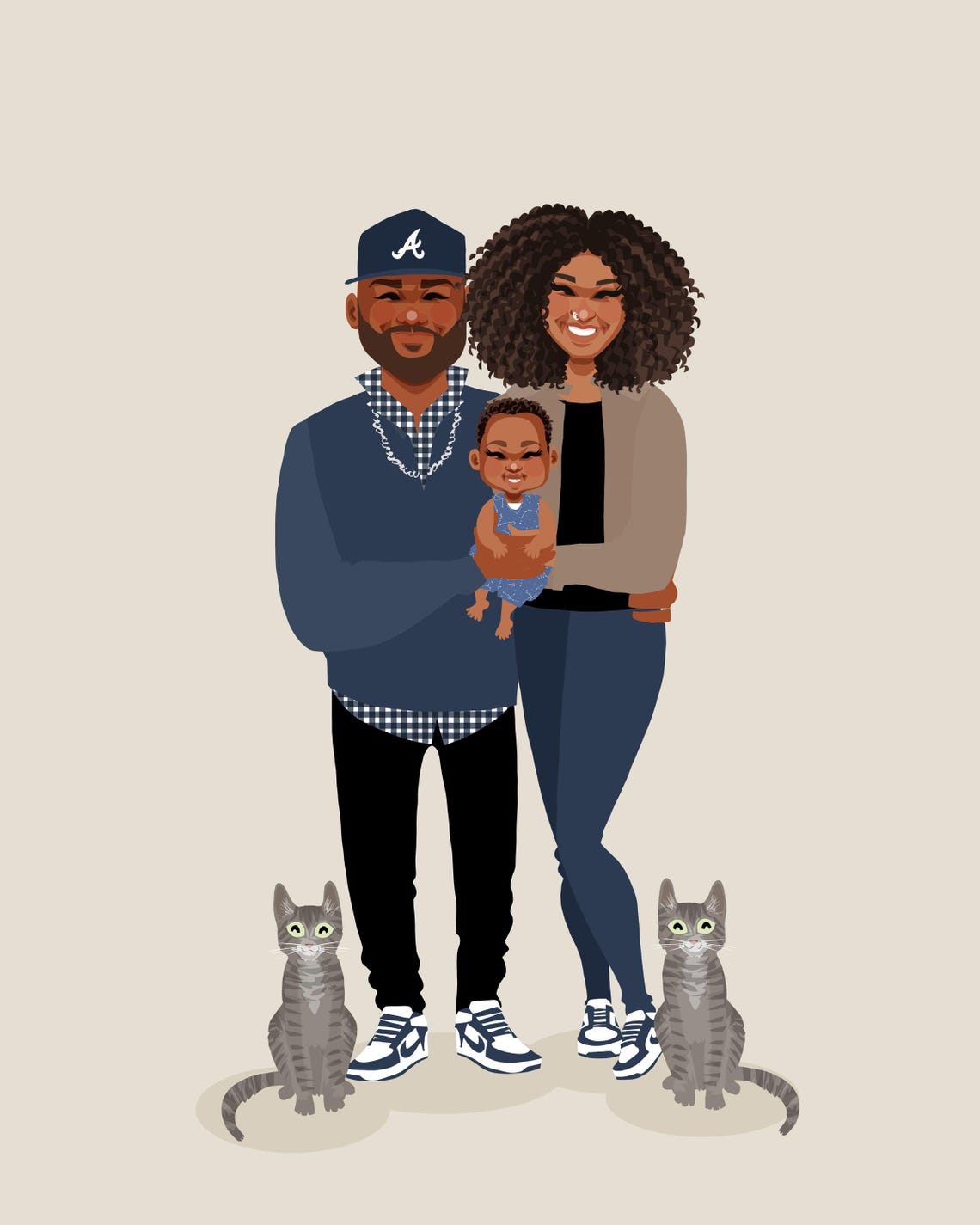 Custom Illustrated Family Portrait With Baby and Two Gray Cats Poster - Image 6