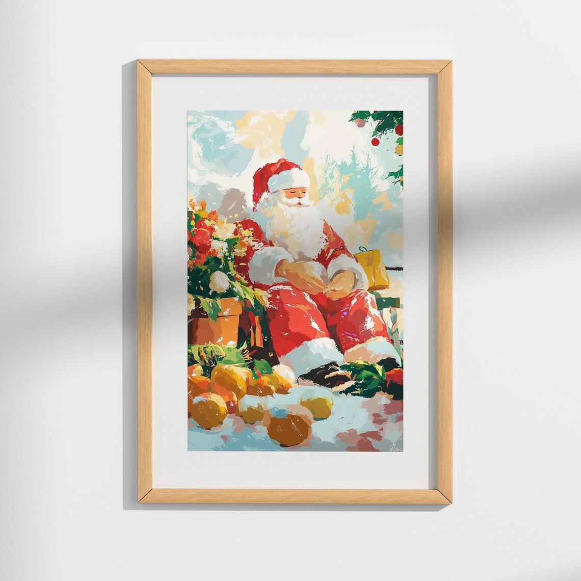 Santa Claus Sitting Gifts Poinsettia Impressionist Christmas Poster - Image 4