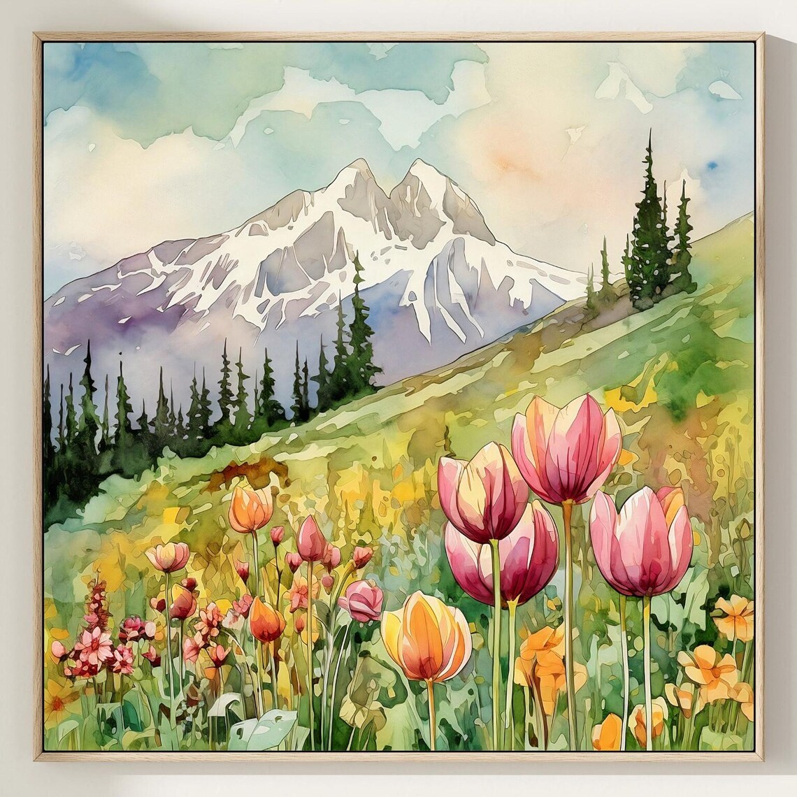 Alaska Tulip Watercolor Mountainside Landscape Art Print