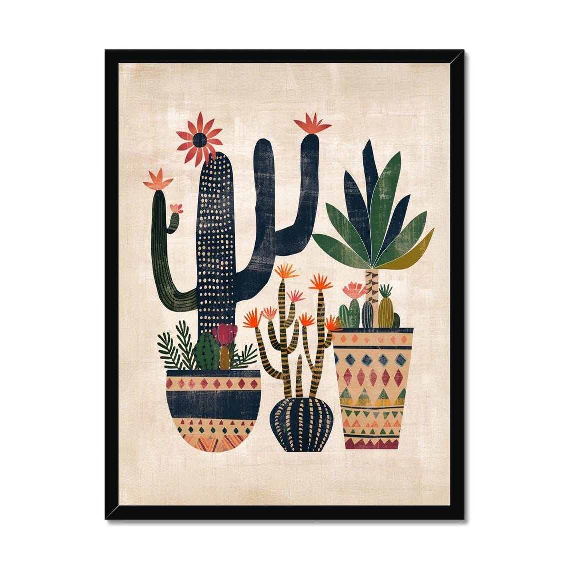 Vintage Folk Art Cactus Collection Whimsical Desert Plants Poster