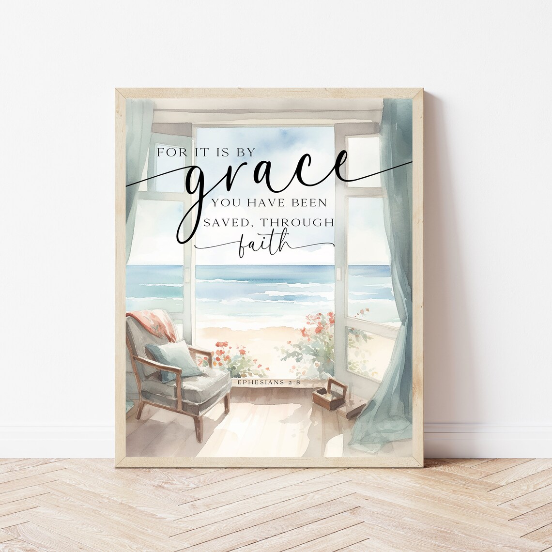 Ephesians 2:8 Grace Through Faith Watercolor Beach Window Poster