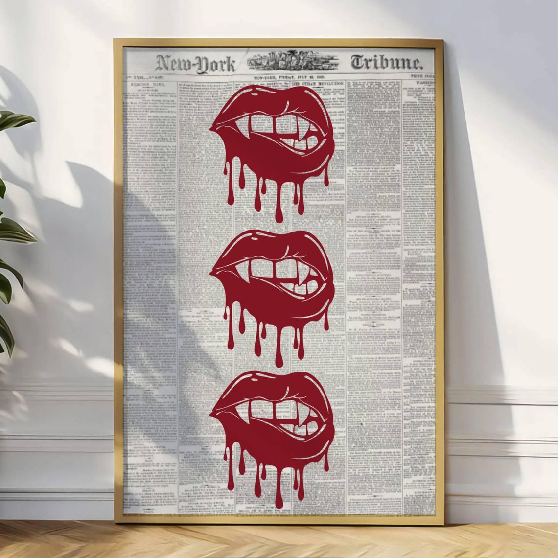 Vintage New York Tribune Newspaper Red Dripping Lips Art Poster