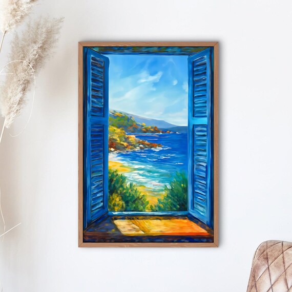 Open Window Blue Shutters Mediterranean Coast Painting Poster