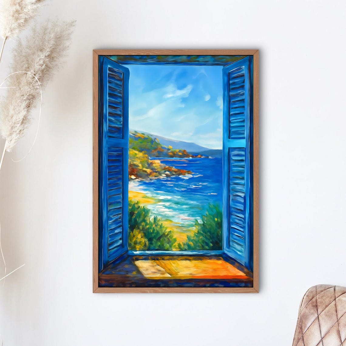 Open Window Blue Shutters Mediterranean Coast Painting Poster