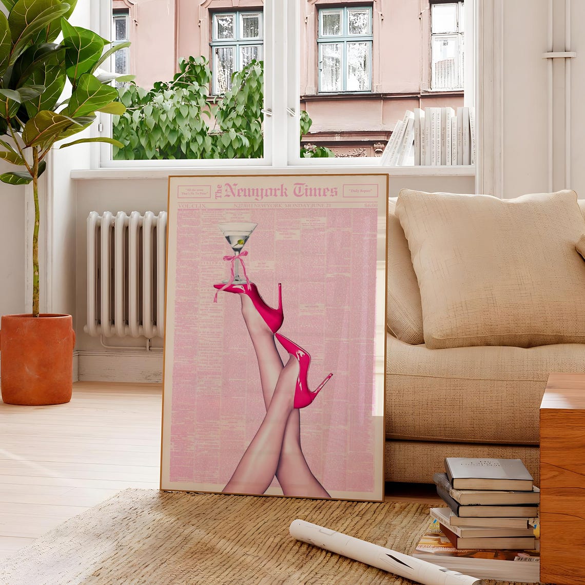 Pink Heels Martini Glass Stiletto Legs Coquette Newspaper Art Poster