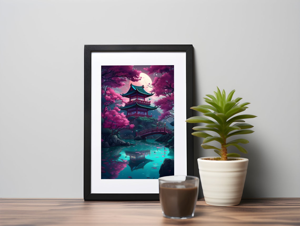 Japanese Pagoda Under a Full Moon With Cherry Blossoms Poster - Image 2