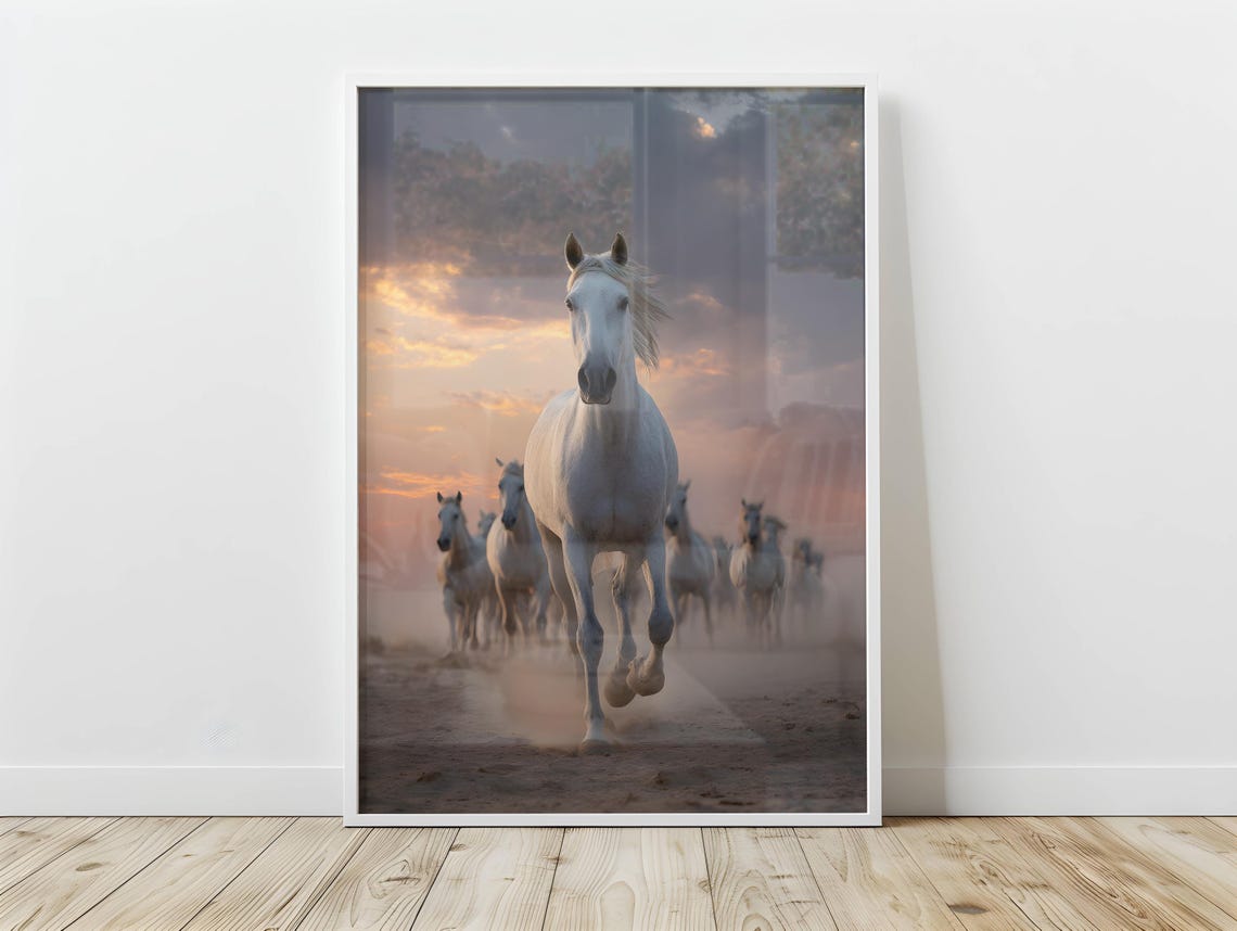Wild White Horses Running at Sunset Equestrian Photo Art Poster