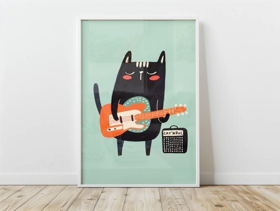 Black Cat Playing Guitar Rock Star Cat N Roll Music Art Poster