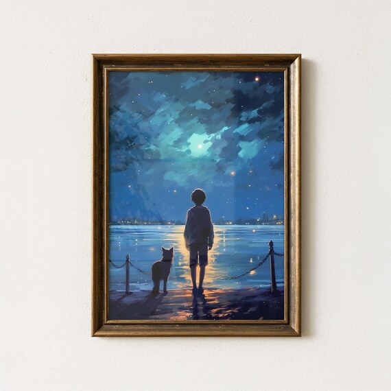 Boy and Dog Under Starry Night Sky Lakeside Painting Art Print