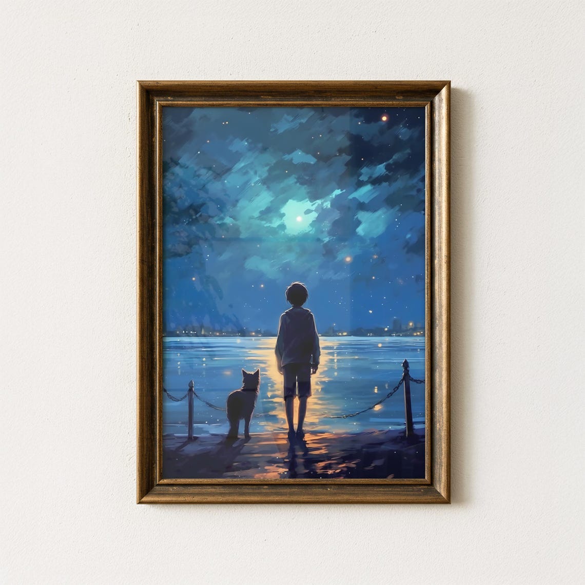 Boy and Dog Under Starry Night Sky Lakeside Painting Art Print