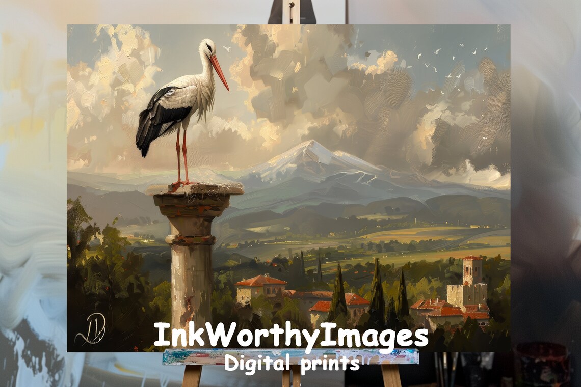 Majestic Stork On Pillar, European Countryside Art Print
