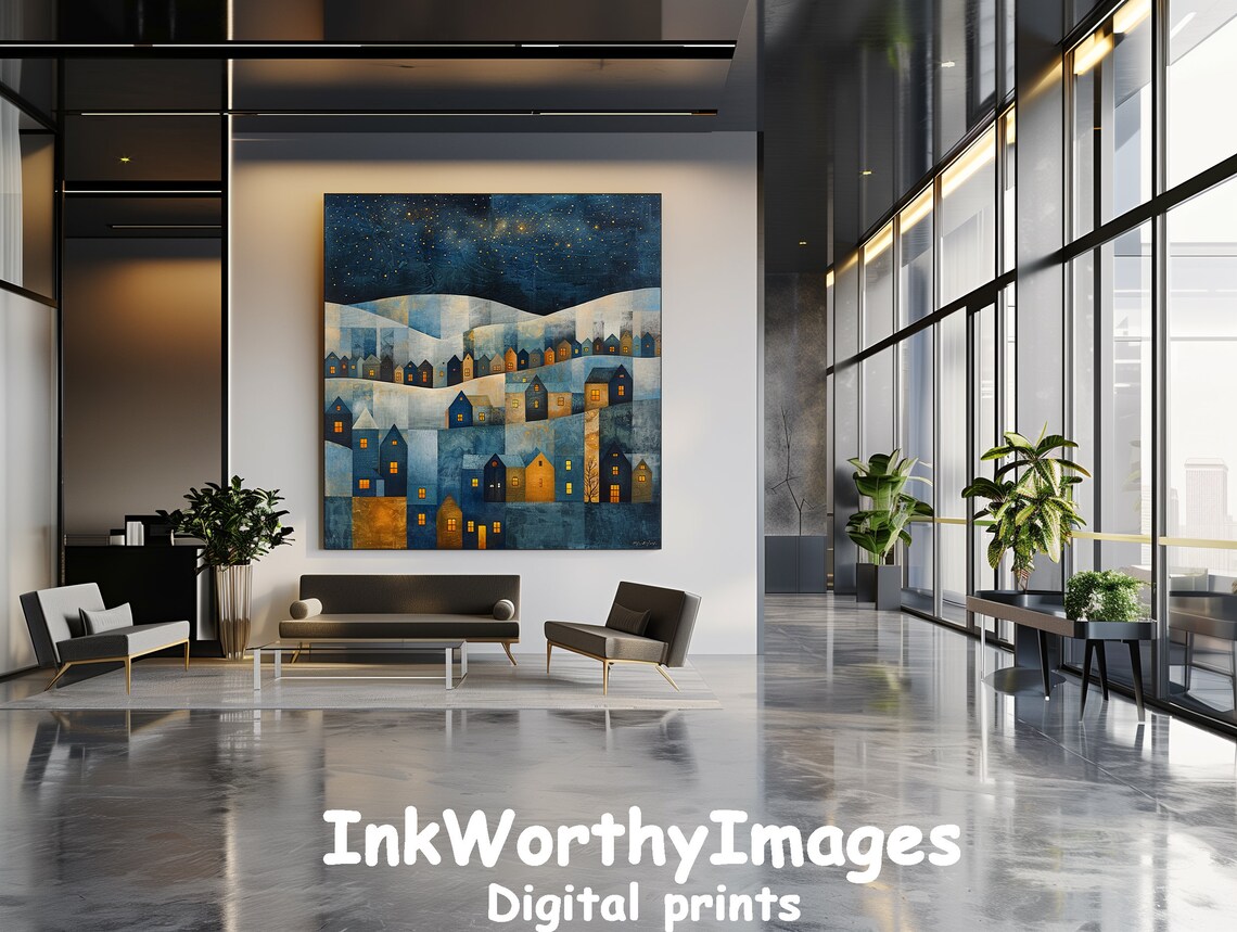 Starlit Village Night Art Print, Whimsical Townscape - Image 5