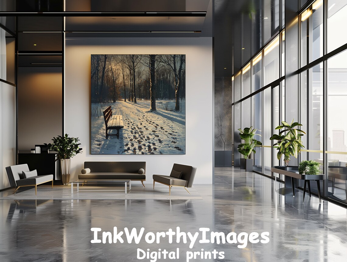 Winter Park Bench, Snowy Forest Path Art Print - Image 2