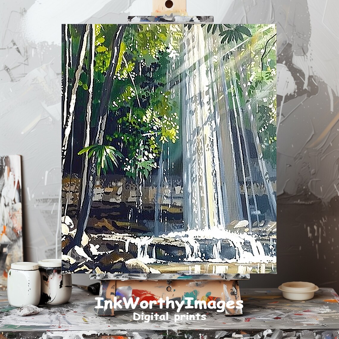 Sunlit Tropical Waterfall Jungle Serenity Art Print - Image 3