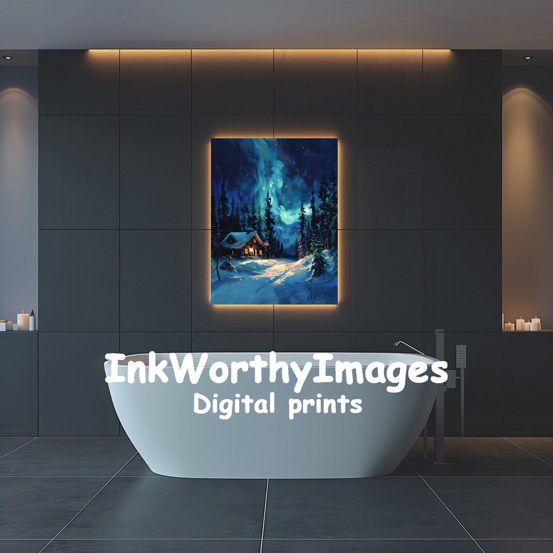 Winter Cabin Under Northern Lights, Cozy Snow Scene - Image 4