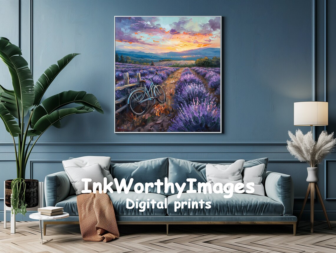 Lavender Field Sunset With Bicycle Painting - Image 3