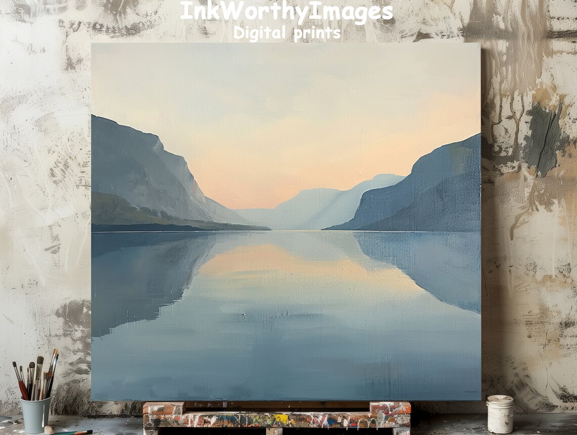 Serene Lake Sunset Landscape Painting, Calm Reflections