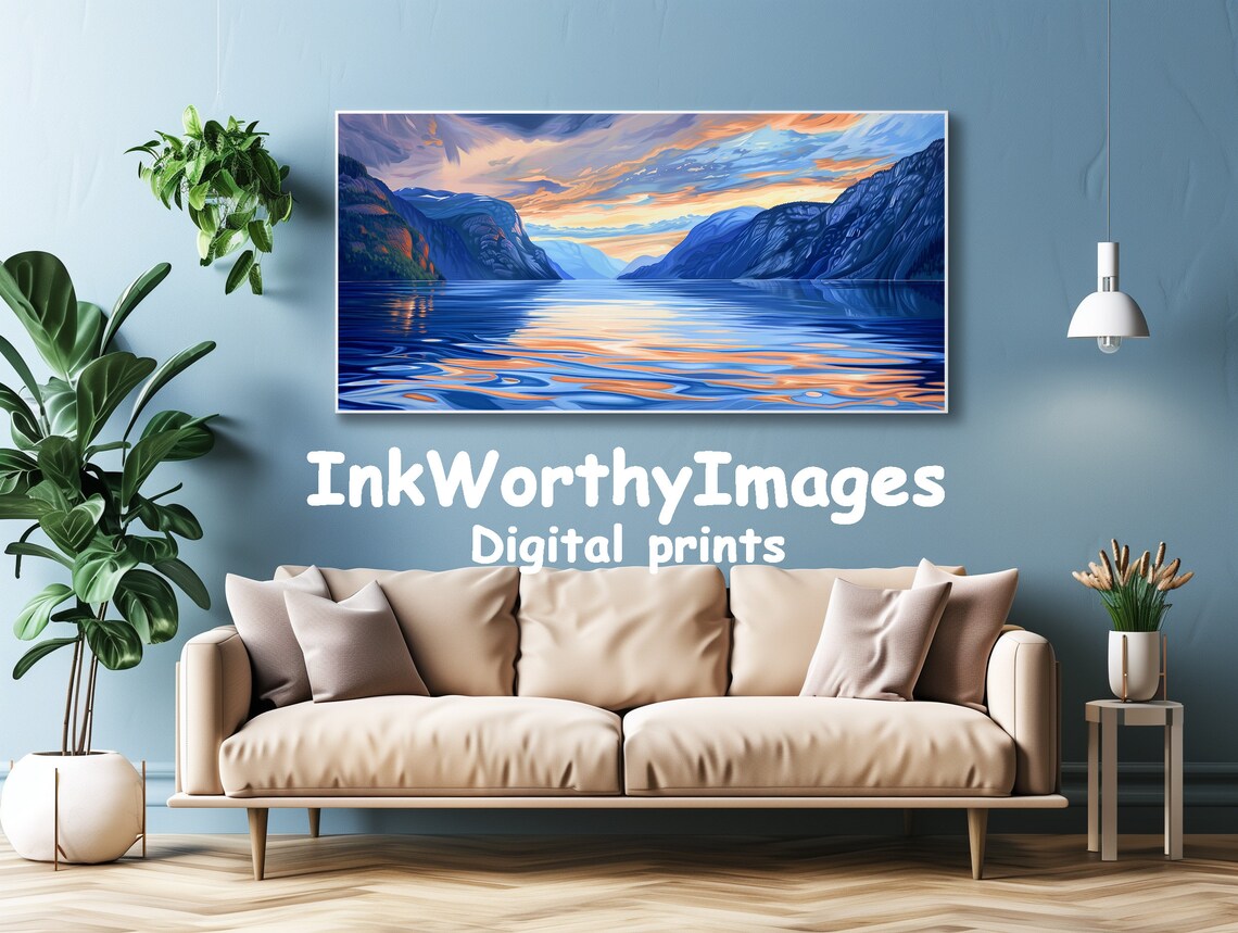 Sunset Fjord Landscape Painting, Vibrant Nature Scene - Image 4