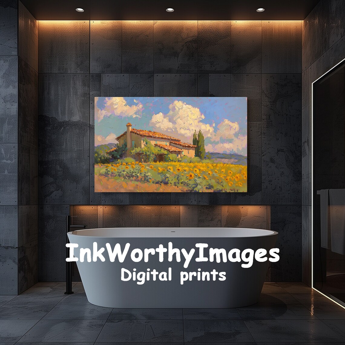 Sunflower Field Cottage, Rustic Landscape Painting - Image 5