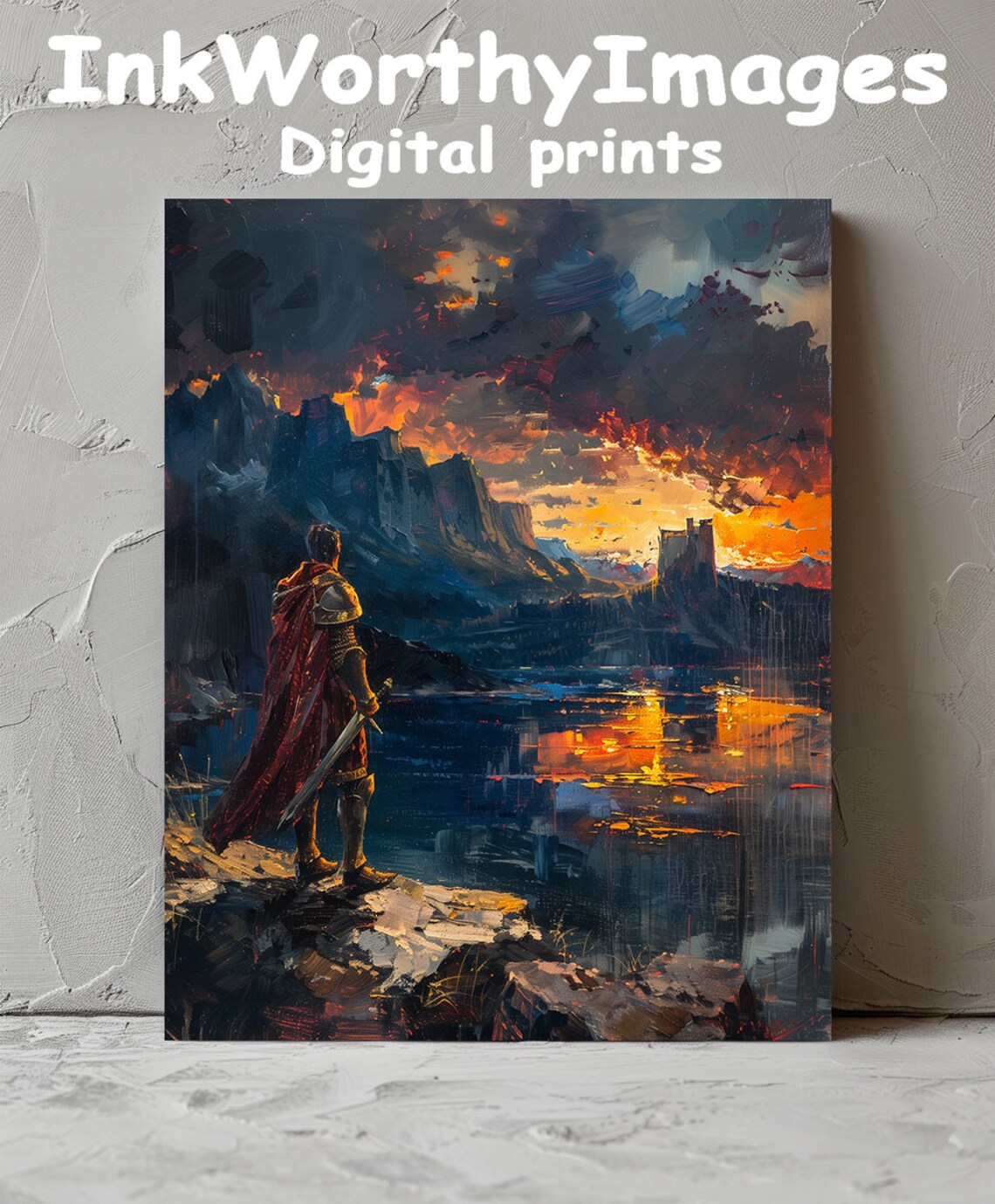 Epic Warrior Sunset Painting, Fantasy Landscape