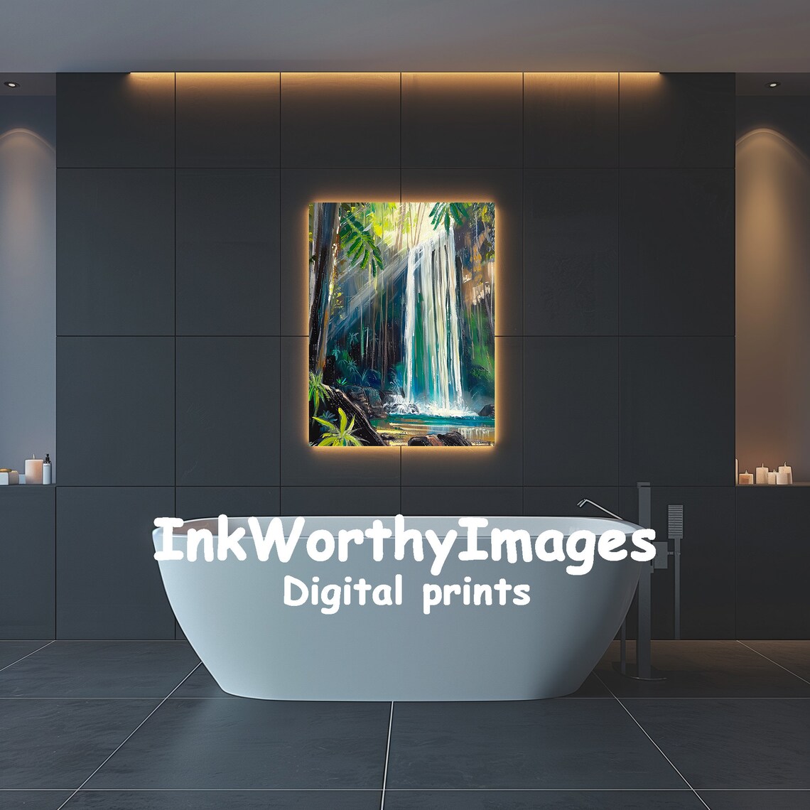 Tropical Waterfall in Sunlight, Lush Jungle Scene - Image 2