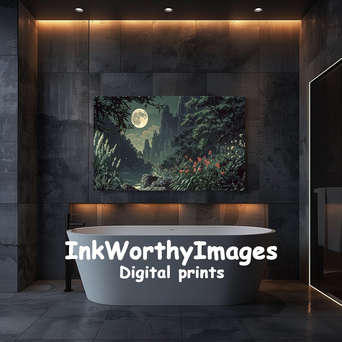 Moonlit Mountain Garden Painting, Mystical Night Landscape - Image 5
