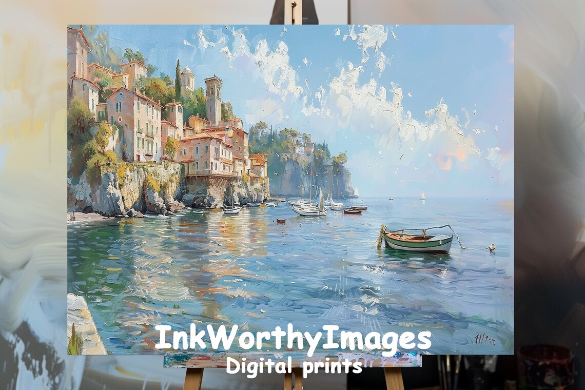 Mediterranean Coastal Village, Serene Harbor View Art Print