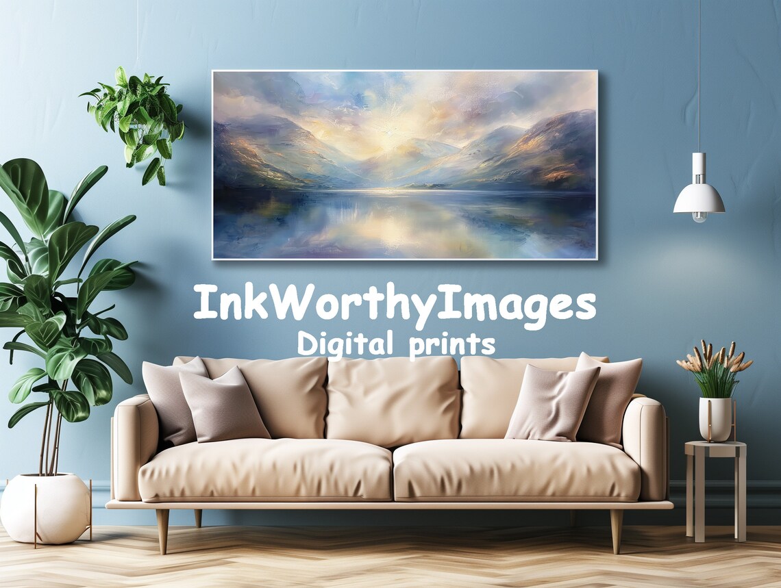 Tranquil Mountain Lake, Misty Morning Landscape Art - Image 4