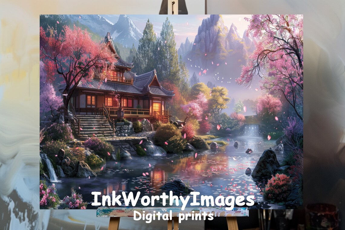Japanese Cherry Blossom Garden, Serene Mountain Retreat